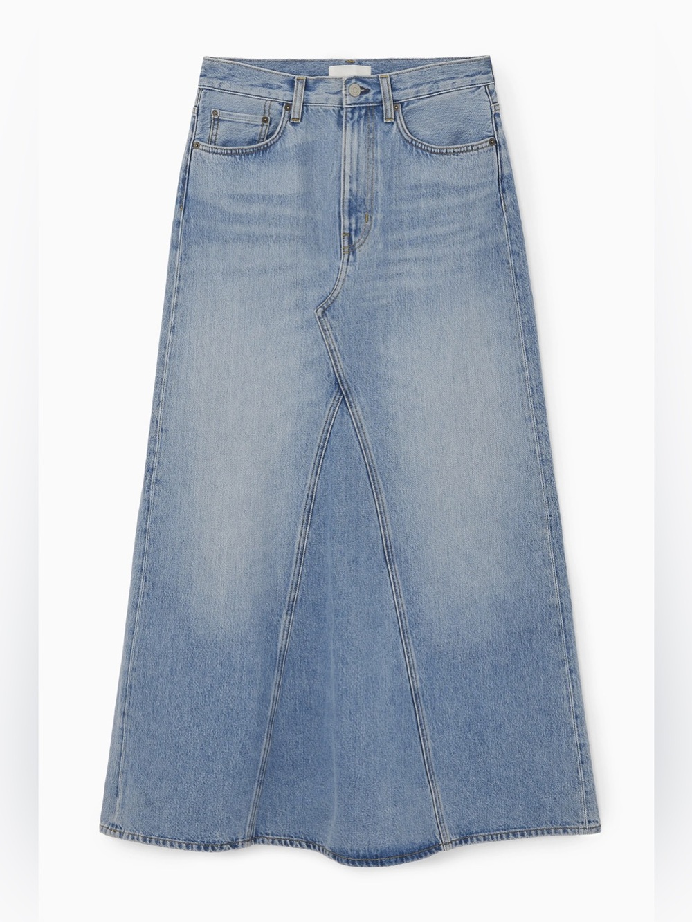 COS Paneled Denim Maxi Skirt Fading Light Wash Rigid Jean